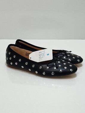Time And Tru Womens Black Studded Ballet Flats Size 6 Memory Foam